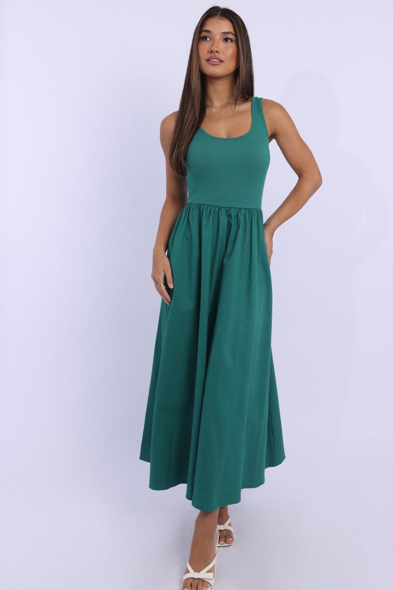 Green Midi Dress Ribbed Bodice | Ally Fashion Green Midi Dress Ribbed Bodice | Ally Fashion