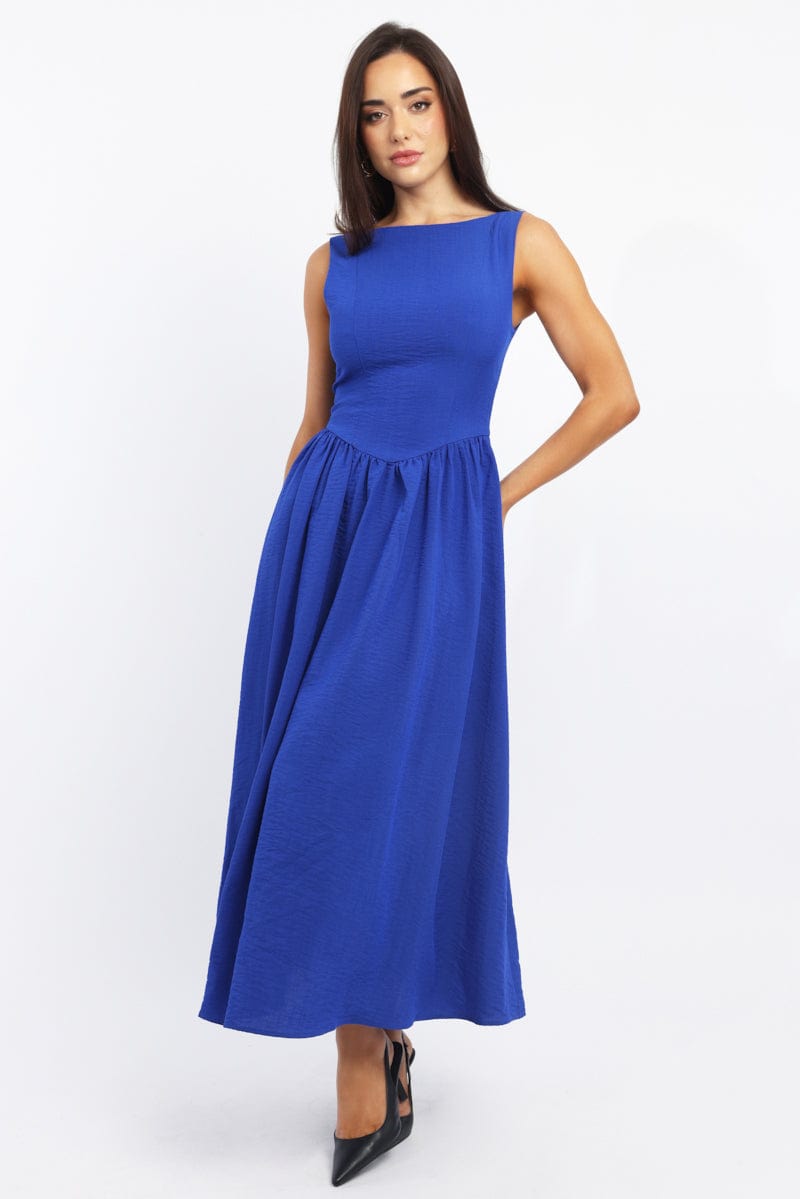 Blue Dropped Waist Maxi Dress | Ally Fashion Blue Dropped Waist Maxi Dress | Ally Fashion