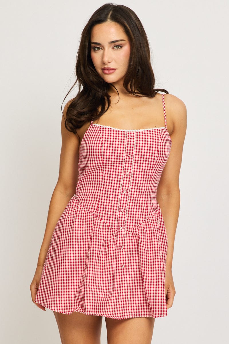 Red Check Mini Dress Strappy | Ally Fashion