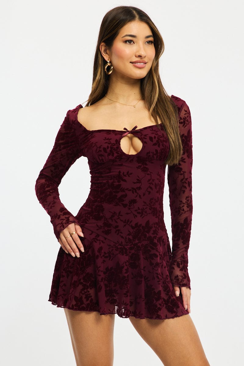 Red Fit And Flare Dress Long Sleeve Burn Out | Ally Fashion Red Fit And Flare Dress Long Sleeve Burn Out | Ally Fashion