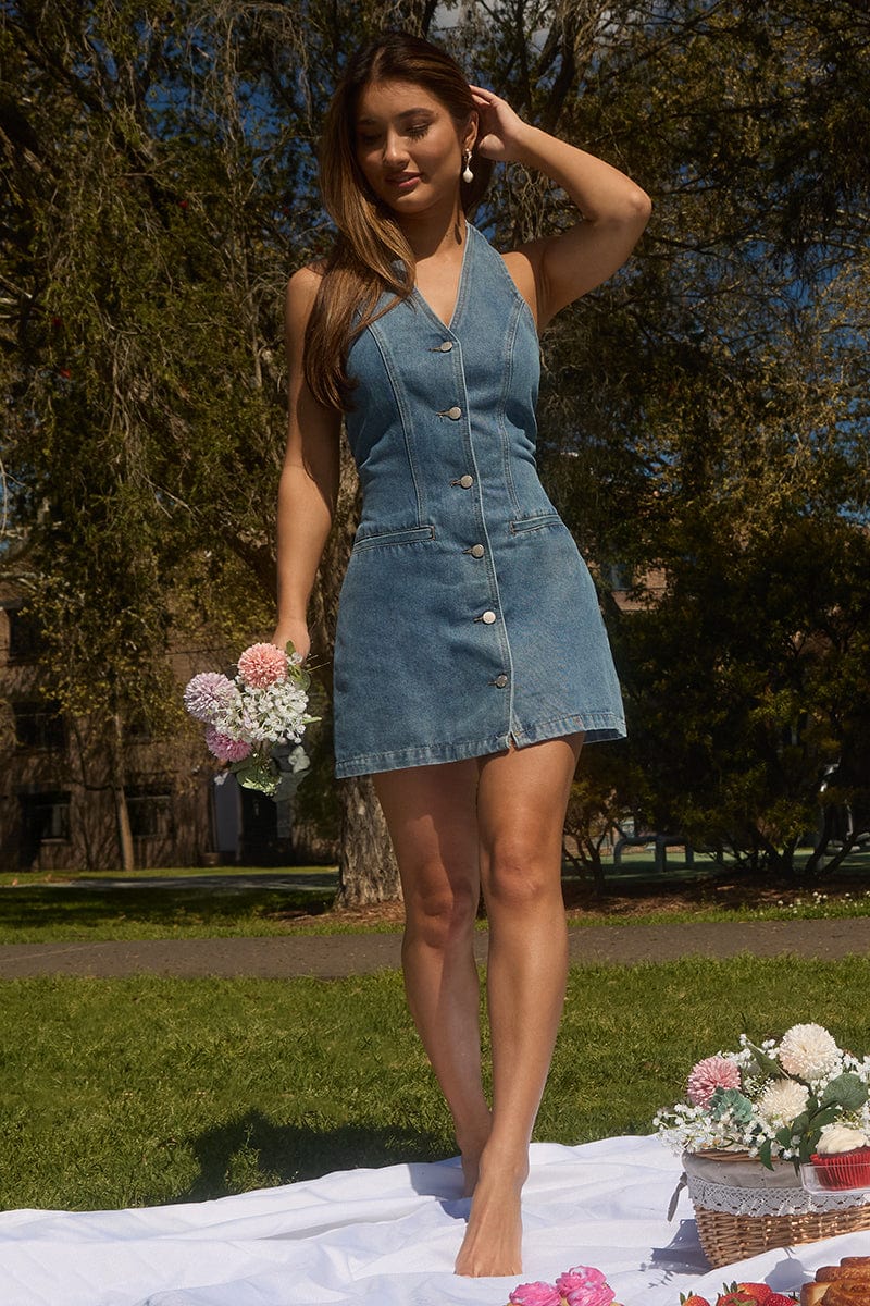 Blue Mini Dress Button Down Halter Neck | Ally Fashion Blue Mini Dress Button Down Halter Neck | Ally Fashion