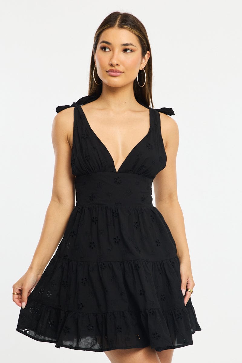Black Fit And Flare Dress Shoulder Tie Eyelet Fabric