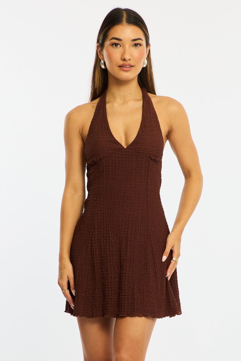 Brown Halter Neck Dress Mini | Ally Fashion