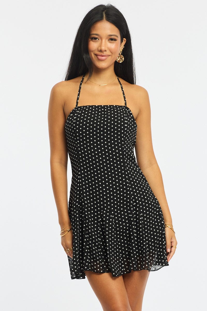 Black Polka Dot Fit And Flare Dress Mini | Ally Fashion Black Polka Dot Fit And Flare Dress Mini | Ally Fashion