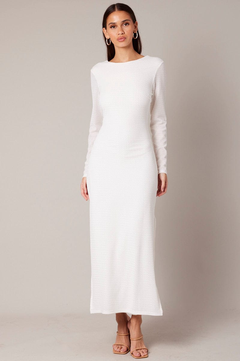White Textured Dress Long Sleeve | Ally Fashion White Textured Dress Long Sleeve | Ally Fashion