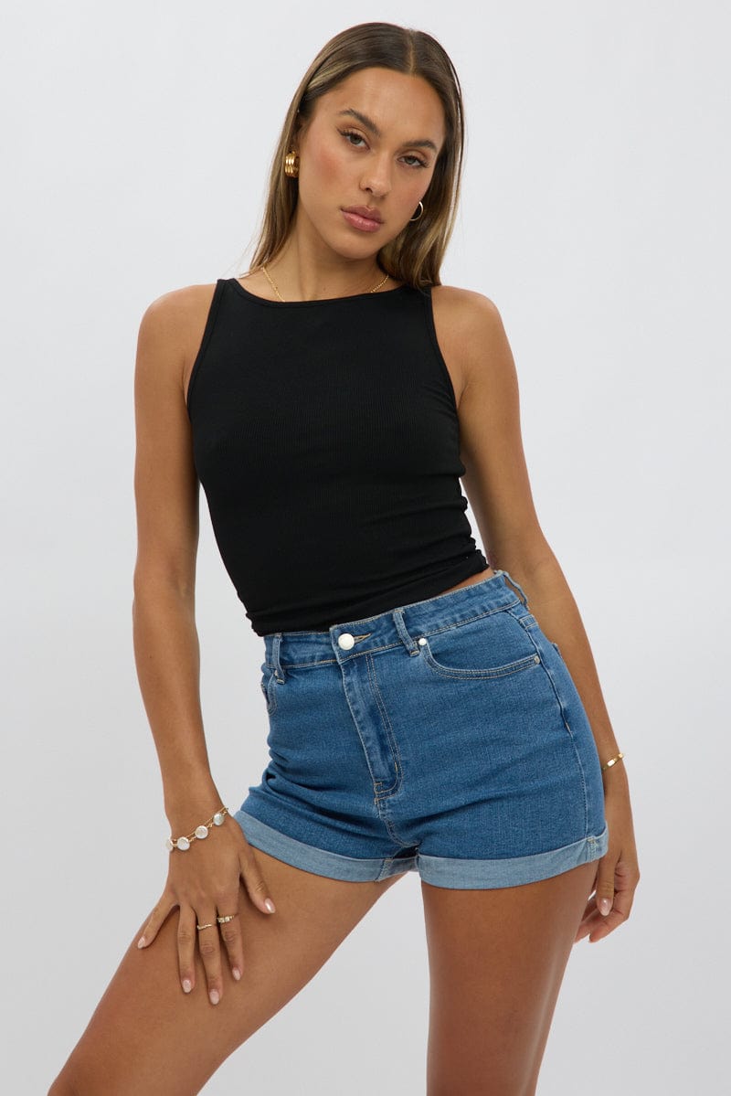 Denim Mom Shorts High Rise Stretch Ally Fashion - Main Image