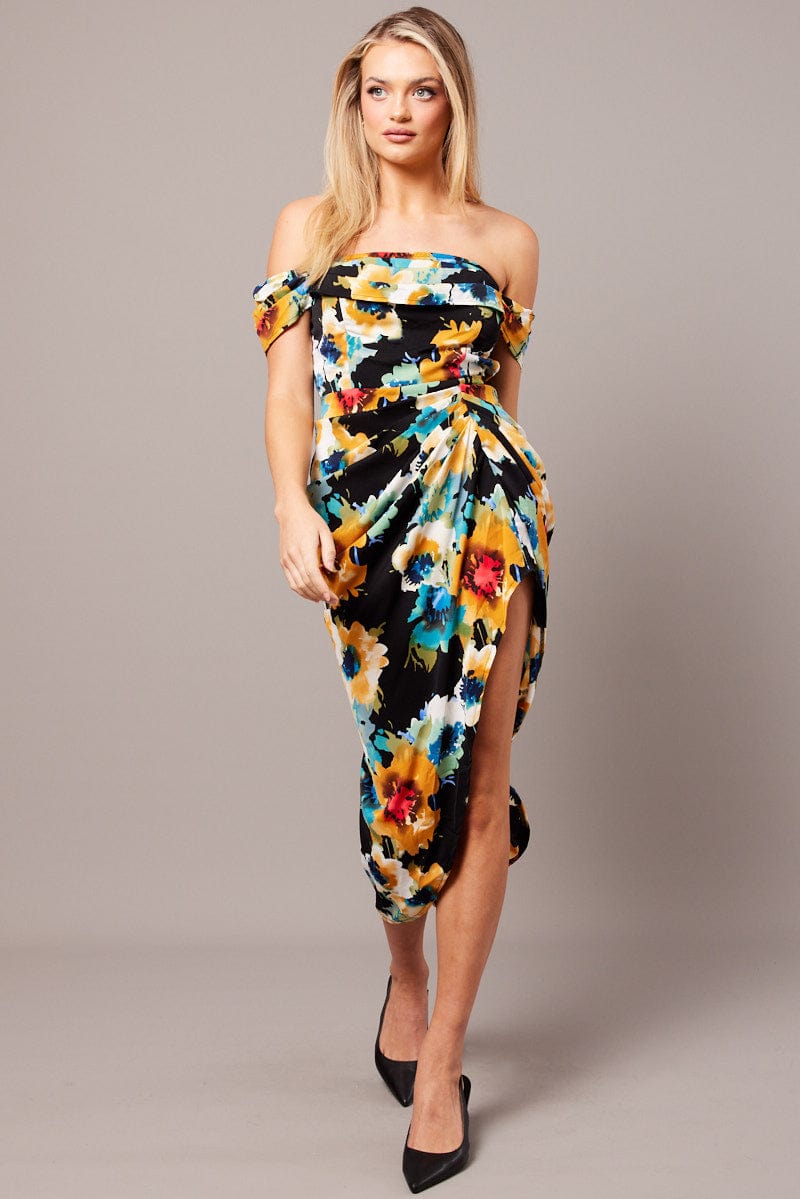 Black Floral Bardot Midi Dress Draped Off Shoulder Dress | Ally Fashion Black Floral Bardot Midi Dress Draped Off Shoulder Dress | Ally Fashion