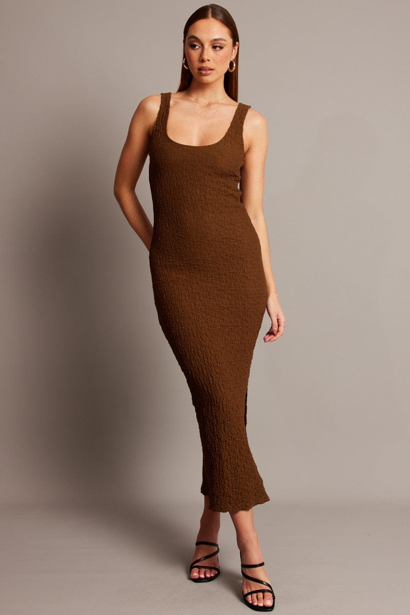 Brown Bodycon Dress Sleeveless Textured | Ally Fashion Brown Bodycon Dress Sleeveless Textured | Ally Fashion