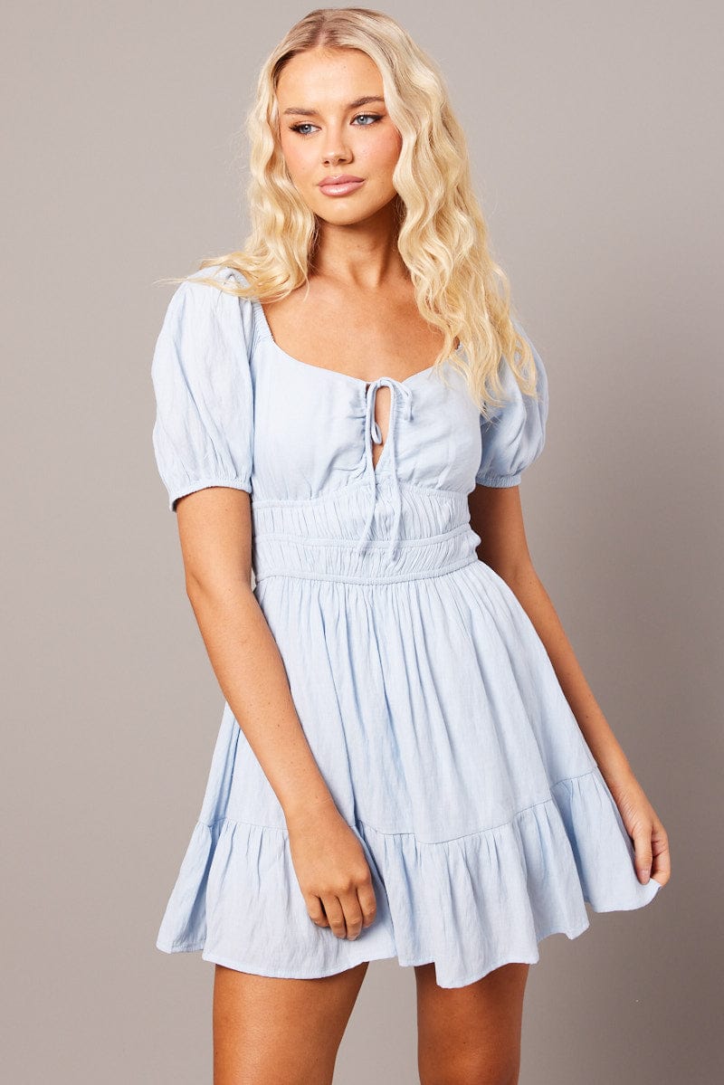 Blue Fit And Flare Dress Puff Sleeve Mini | Ally Fashion Blue Fit And Flare Dress Puff Sleeve Mini | Ally Fashion