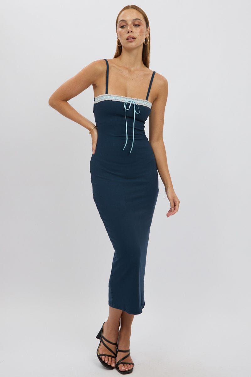Blue Bodycon Dress Maxi Ribbon Trim | Ally Fashion Blue Bodycon Dress Maxi Ribbon Trim | Ally Fashion
