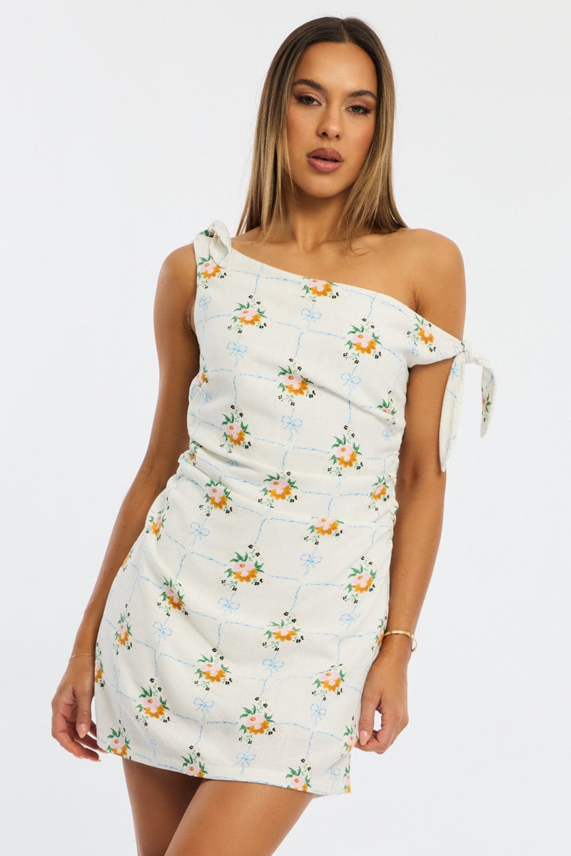 white floral satin ruched bardot bodycon dress Asymmetric Bardot Drape Detail Mini Bodycon Dress In White Slinky | EGO US