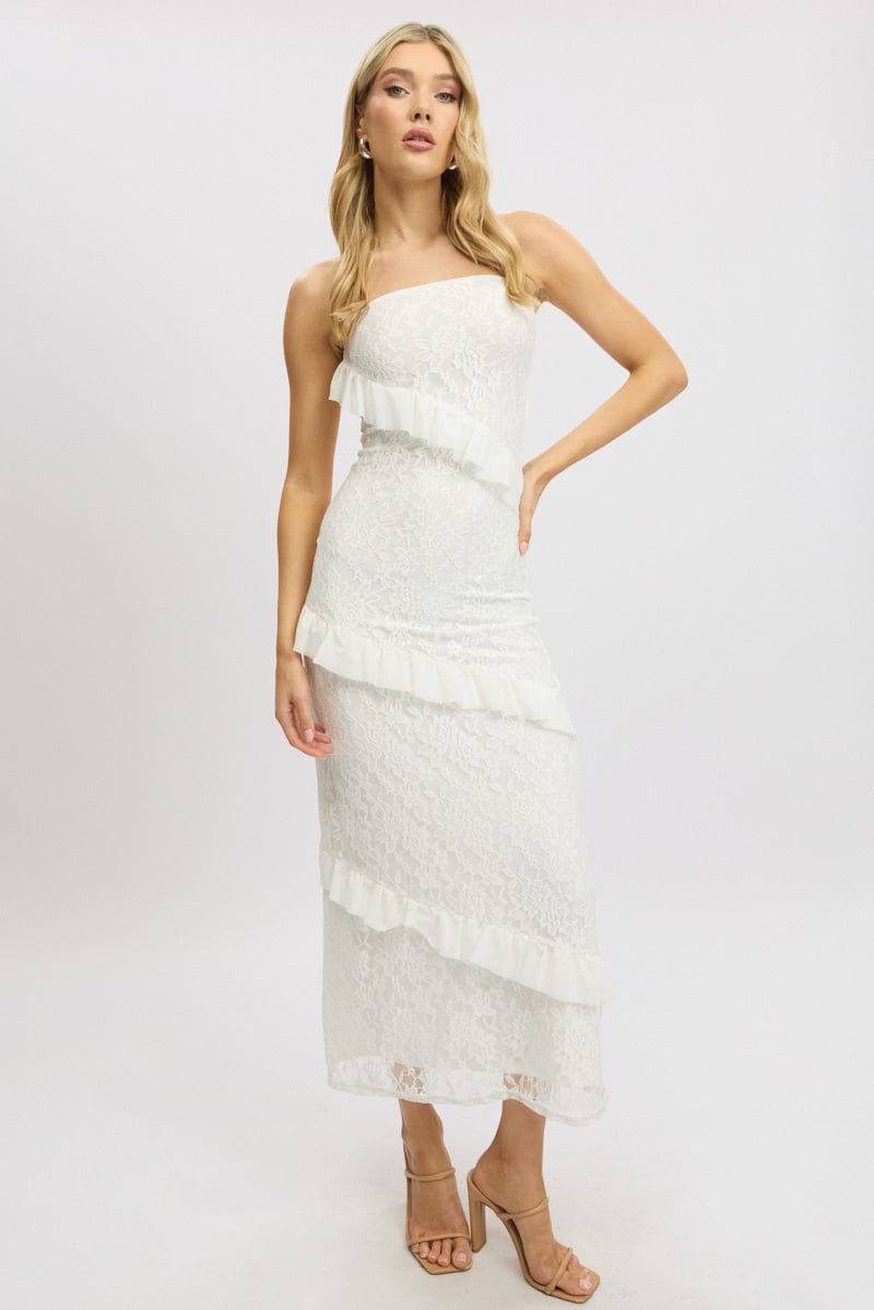 White Bodycon Dress Boob Tube Ruffle Midi Lace | Ally Fashion White Bodycon Dress Boob Tube Ruffle Midi Lace | Ally Fashion
