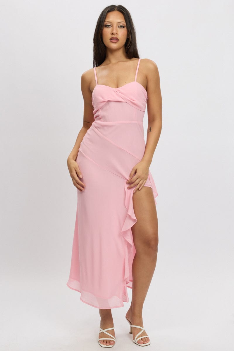 Pink Bodycon Dress Maxi Ruffle Slit Chiffon | Ally Fashion Pink Bodycon Dress Maxi Ruffle Slit Chiffon | Ally Fashion