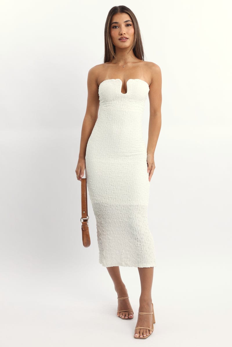 white tube bodycon dress Strapless Solid Ruched Tube Bodycon White Dress