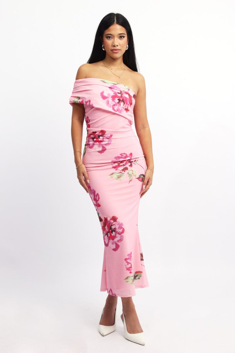 Pink Floral Bodycon Dress One Shoulder Mesh | Ally Fashion Pink Floral Bodycon Dress One Shoulder Mesh | Ally Fashion