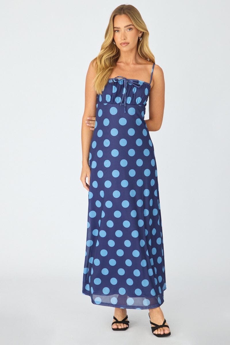 midi strappy dresses Blue Polka Dot Midi Dress Strappy