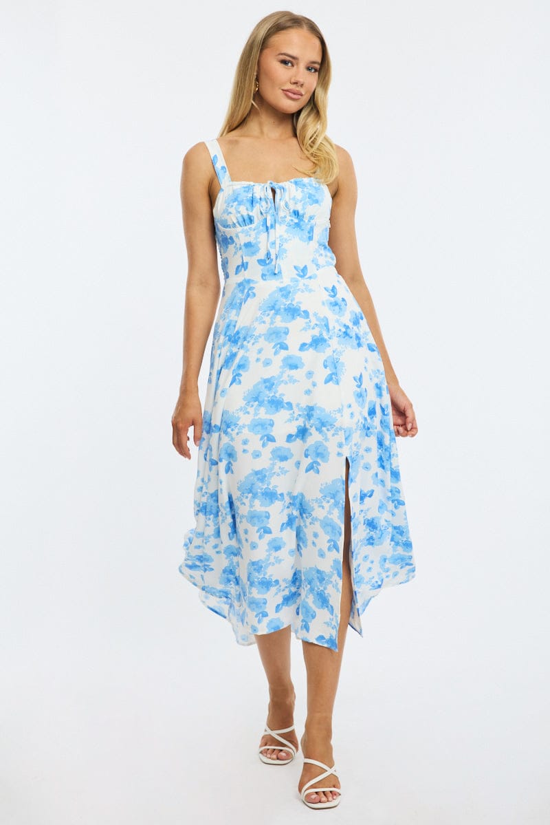 Blue Floral Midi Dress Ruched Bust | Ally Fashion Blue Floral Midi Dress Ruched Bust | Ally Fashion