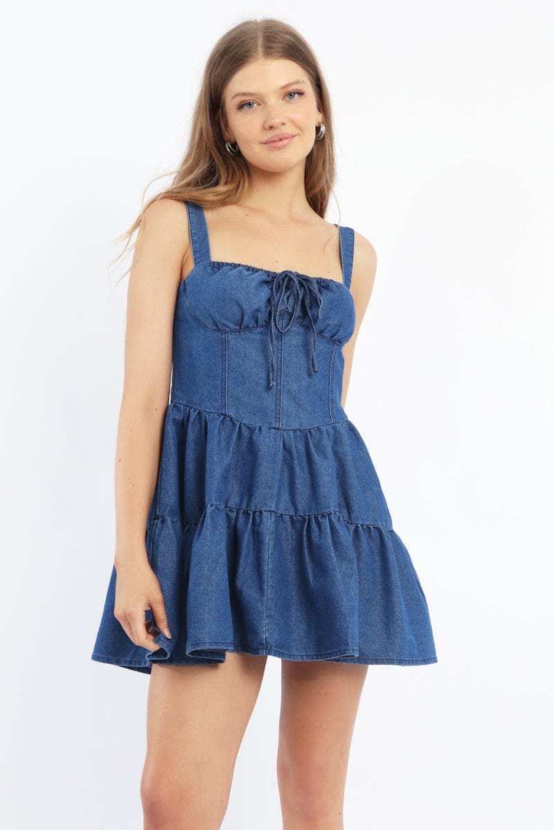 Blue Fit And Flare Dress Mini Gathered Bust | Ally Fashion Blue Fit And Flare Dress Mini Gathered Bust | Ally Fashion
