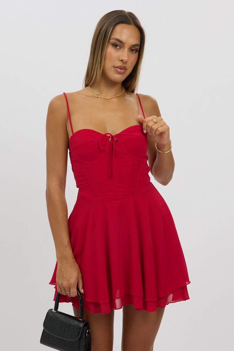 Red Fit And Flare Dress Strapless Corset Waist | Ally Fashion Red Fit And Flare Dress Strapless Corset Waist | Ally Fashion