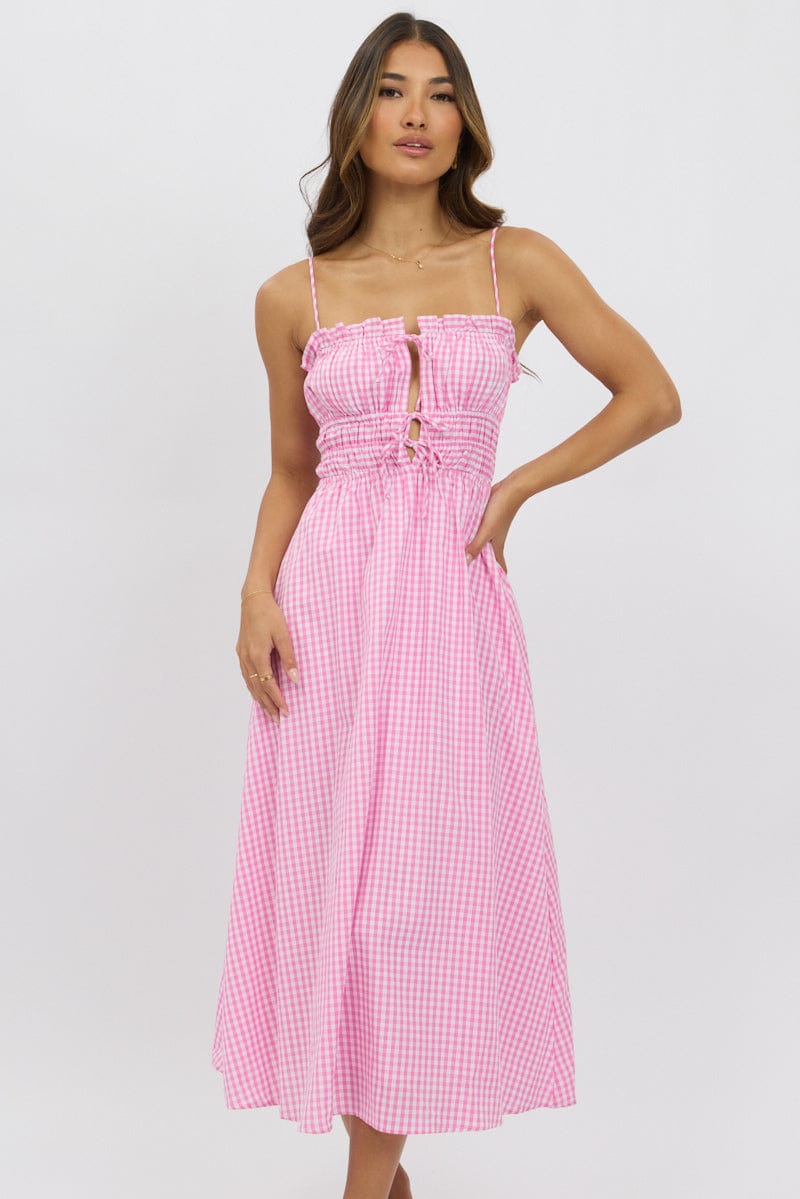 Pink Check Midi Dress Ribbon Detail Strappy | Ally Fashion Pink Check Midi Dress Ribbon Detail Strappy | Ally Fashion