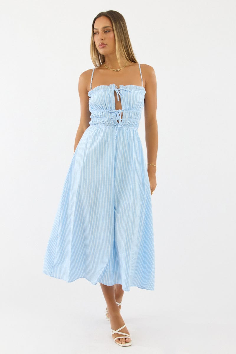Blue Stripe Midi Dress Ribbon Detail Strappy | Ally Fashion Blue Stripe Midi Dress Ribbon Detail Strappy | Ally Fashion
