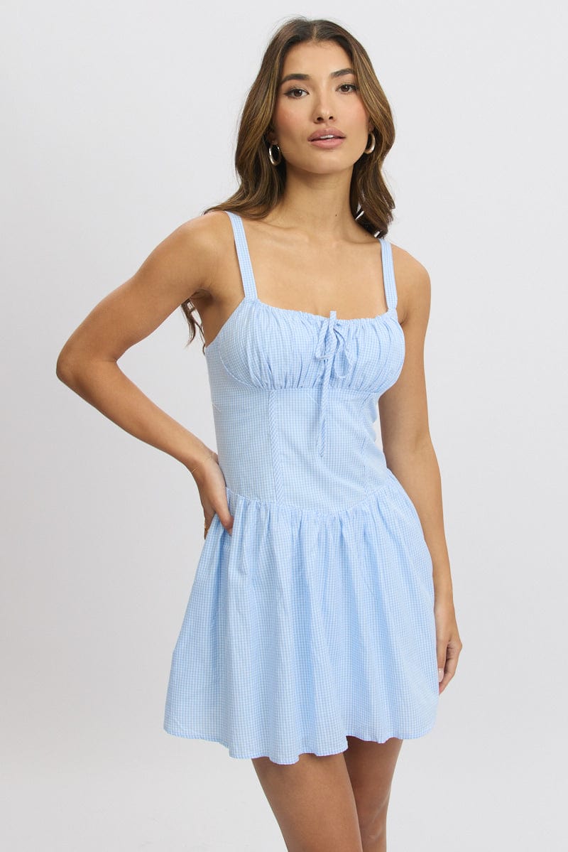 Blue Check Fit And Flare Dress Drop Waist Mini | Ally Fashion Blue Check Fit And Flare Dress Drop Waist Mini | Ally Fashion