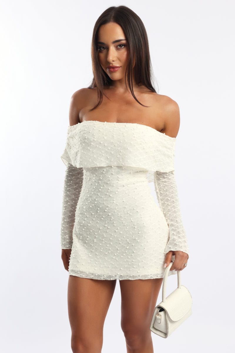 off shoulder dress with sleeves White Off Shoulder Dress Long Sleeve