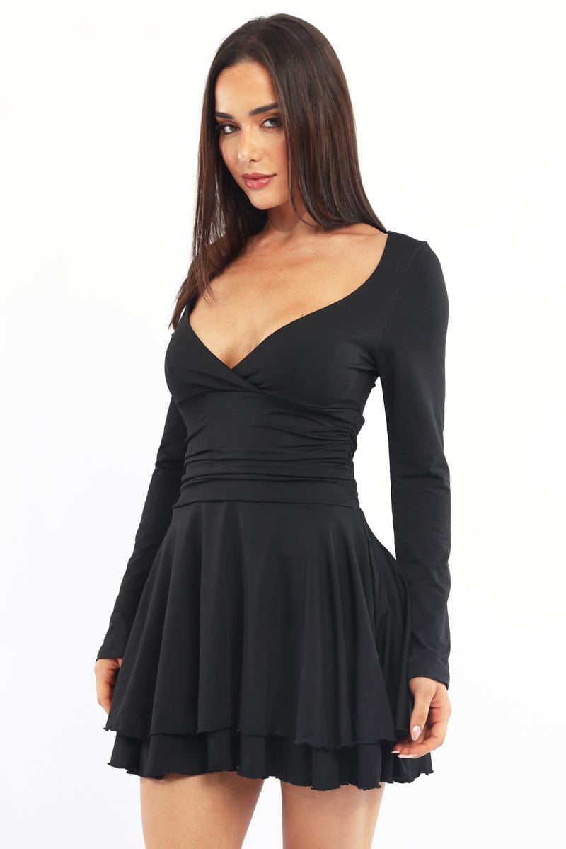 Black Fit And Flare Dress Bell Sleeve | Ally Fashion Black Fit And Flare Dress Bell Sleeve | Ally Fashion