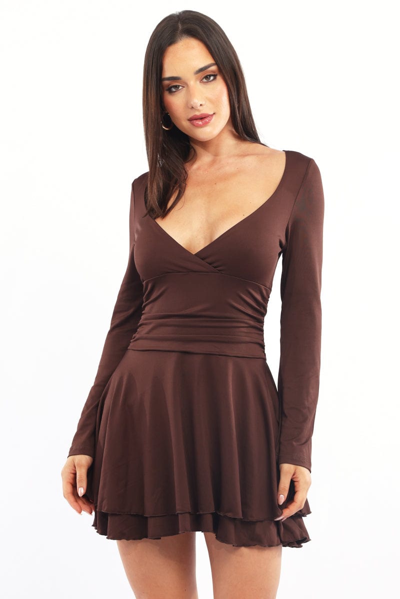 Brown Fit And Flare Dress Bell Sleeve | Ally Fashion Brown Fit And Flare Dress Bell Sleeve | Ally Fashion