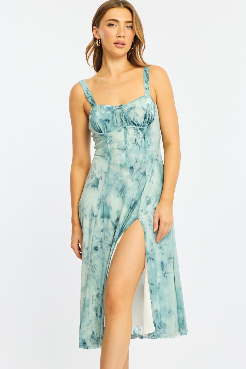 gathered bust midi dress Blue Floral Midi Dress Gathered Bust