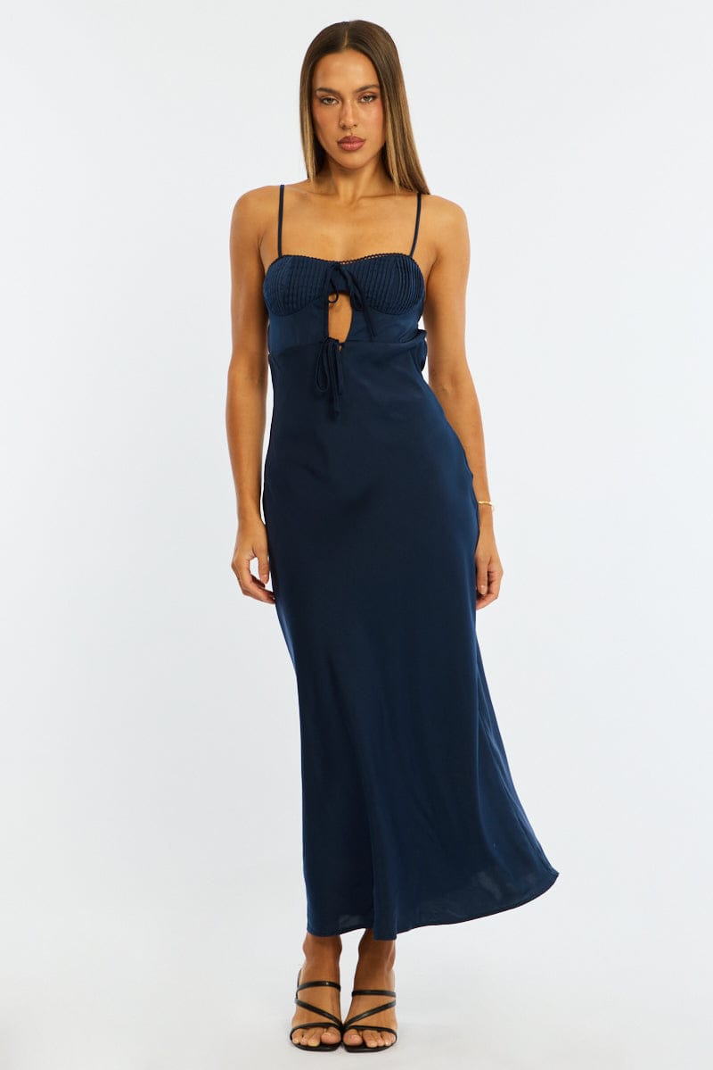 Blue Midi Dress Ribbon Detail Satin