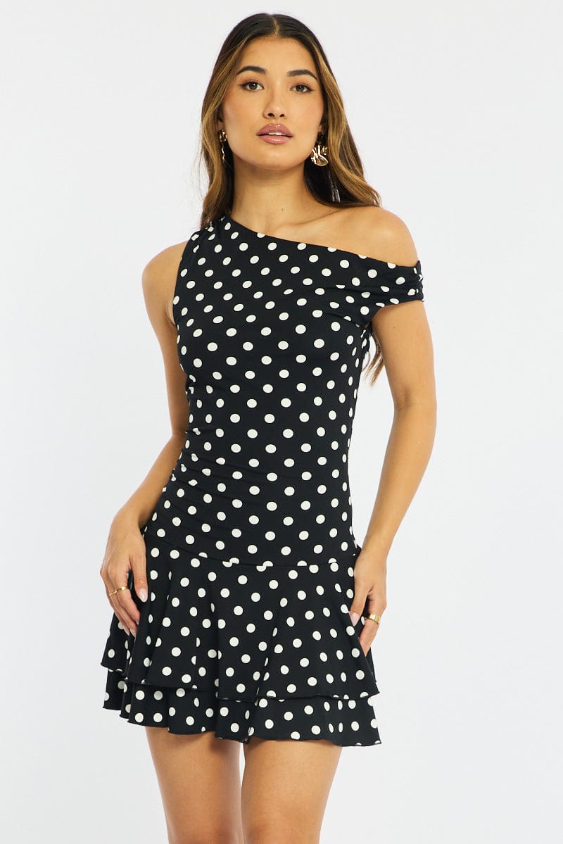 off the shoulder polka dot dress Black Polka Dot Mini Dress Off Shoulder