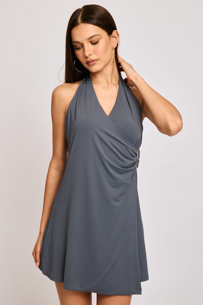linen dress style Ladies' Summer Solid Color Linen Vacation Shirt Style Casual Dress, Sleeveless Dress Blue / M main image 0