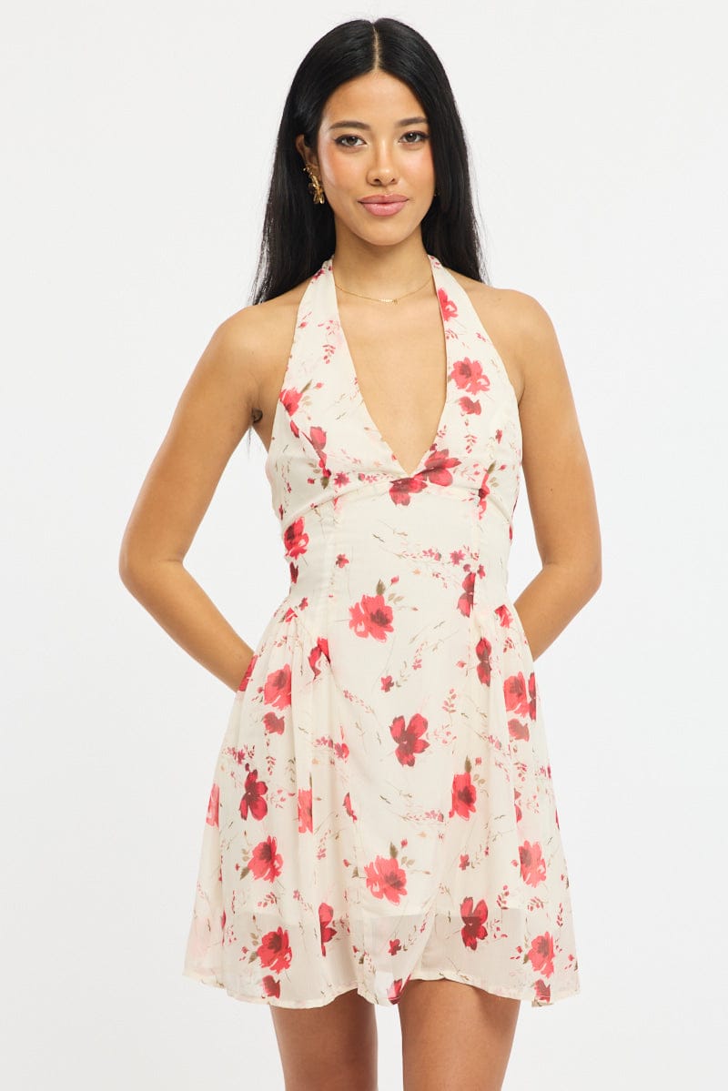 Pink Floral Halter Neck Dress Mini | Ally Fashion Pink Floral Halter Neck Dress Mini | Ally Fashion