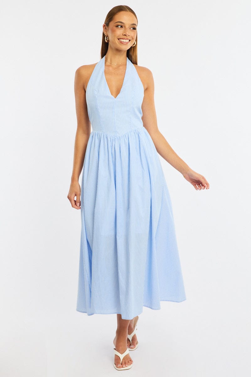 Blue Stripe Halter Neck Dress | Ally Fashion Blue Stripe Halter Neck Dress | Ally Fashion