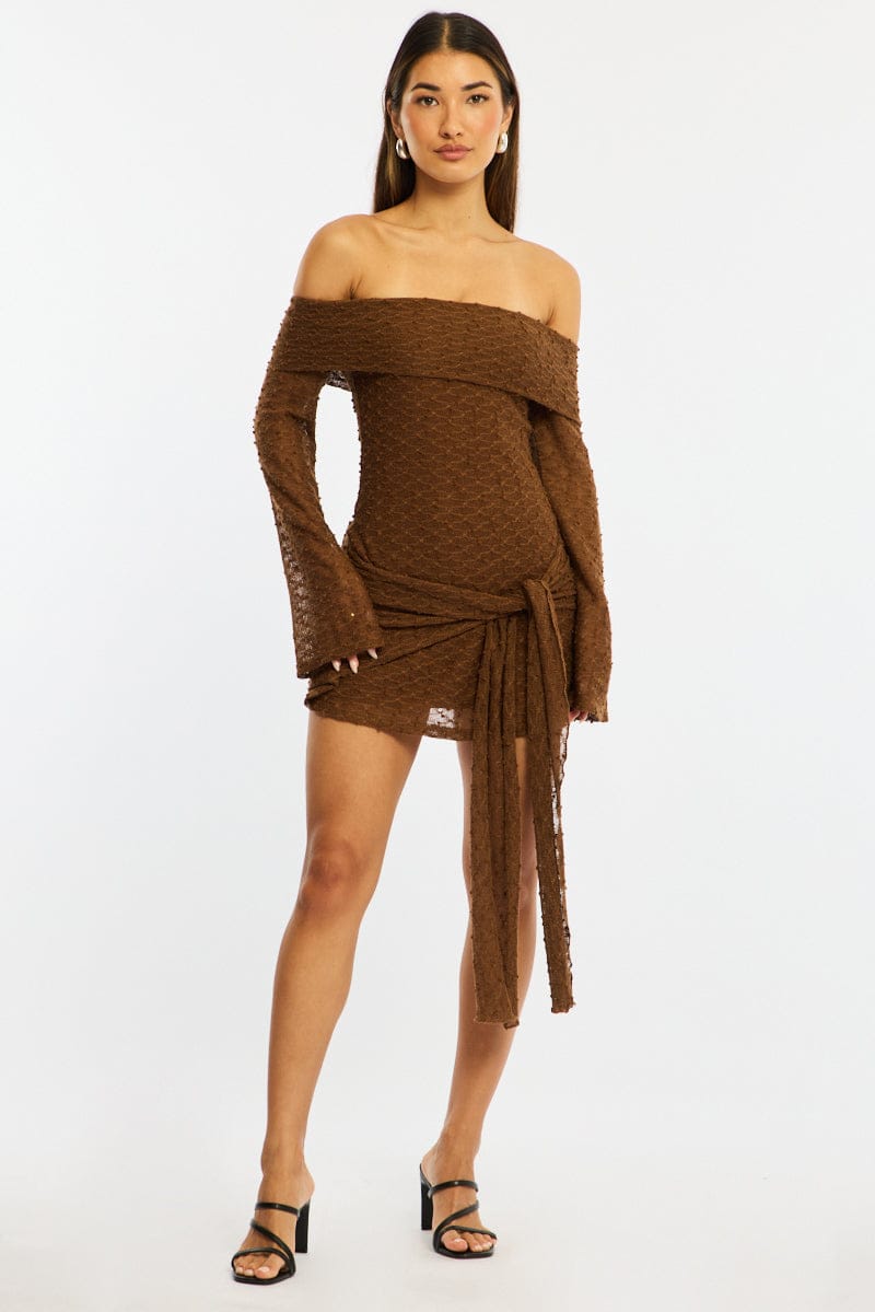 Brown Off Shoulder Dress Long Sleeve | Ally Fashion Brown Off Shoulder Dress Long Sleeve | Ally Fashion