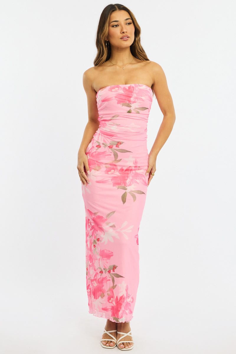 slim fit dress slacks Pink Floral Strapless Maxi Dress
