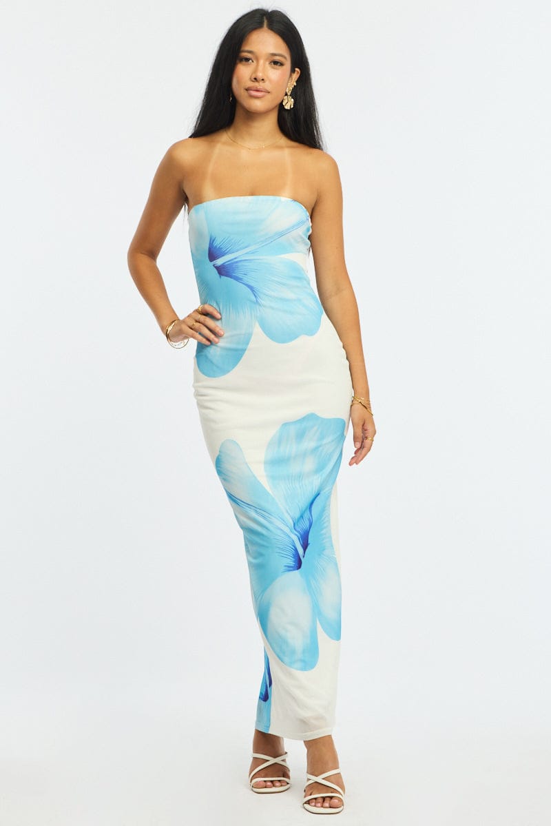 Blue Floral Strapless Maxi Dress | Ally Fashion Blue Floral Strapless Maxi Dress | Ally Fashion