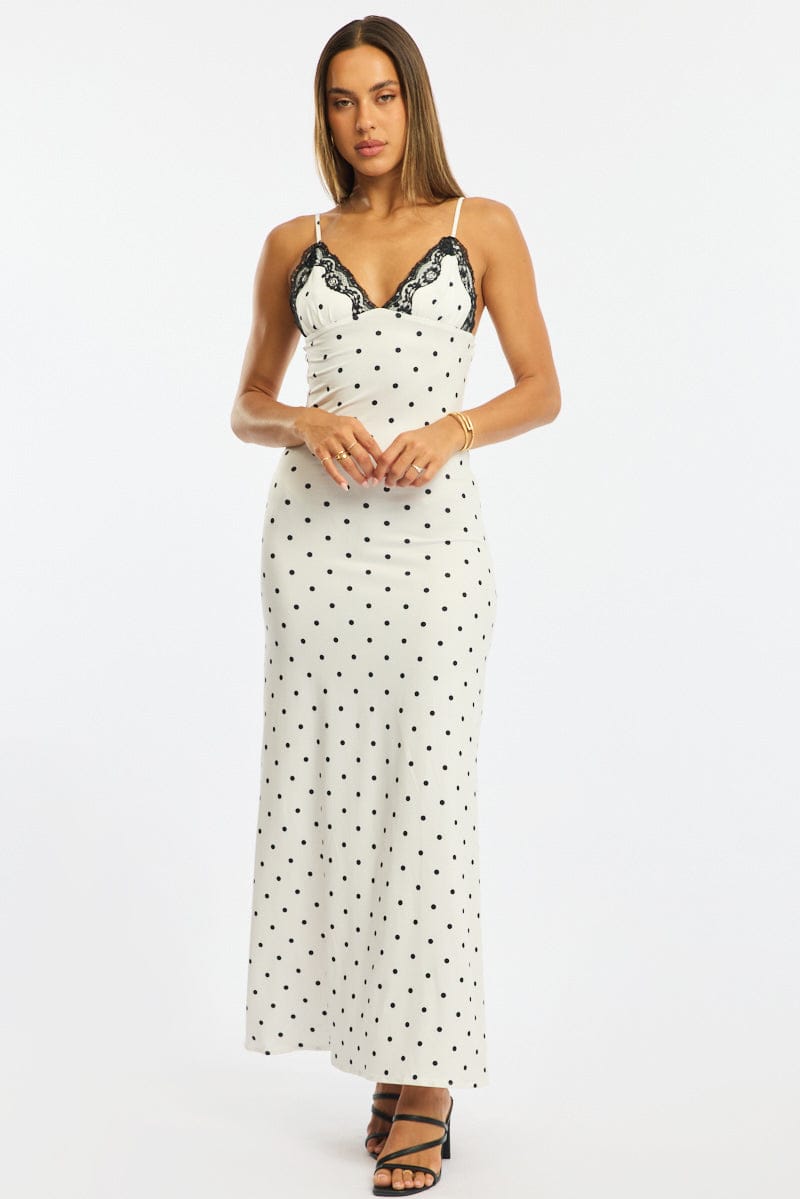 White Polka Dot Maxi Dress Lace Bust | Ally Fashion White Polka Dot Maxi Dress Lace Bust | Ally Fashion