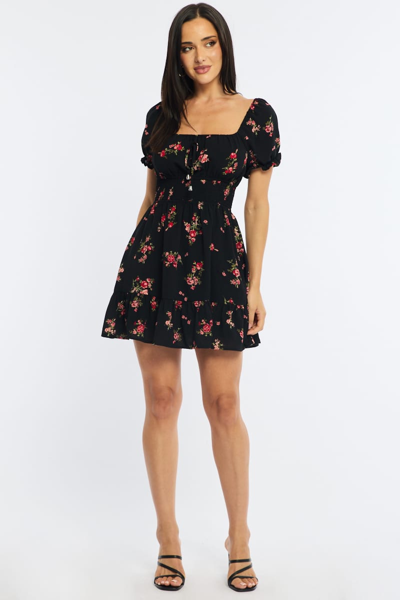 Black Floral Fit And Flare Dress Puff Sleeve | Ally Fashion Black Floral Fit And Flare Dress Puff Sleeve | Ally Fashion