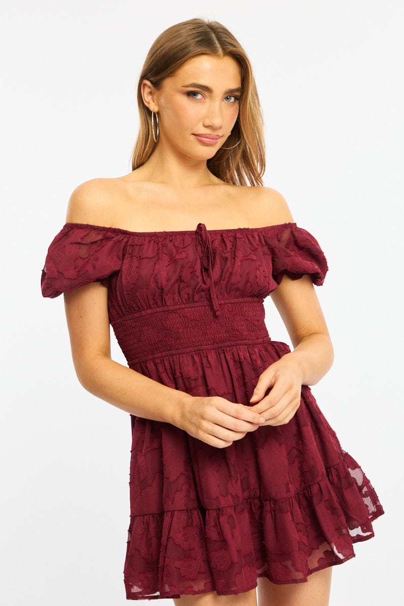 slim fit dress slacks Red Fit And Flare Dress Puff Sleeve