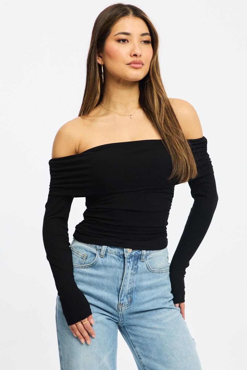 Black Off Shoulder Top Side Ruched Long Sleeve Ally Fashion