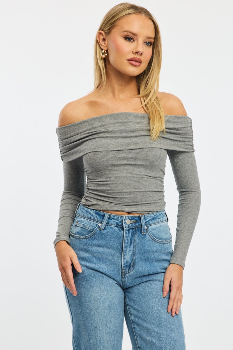 Grey Off Shoulder Top Side Ruched Long Sleeve Ally Fashion grey-off-shoulder-top-side-ruched-long-sleeve-ally-fashion