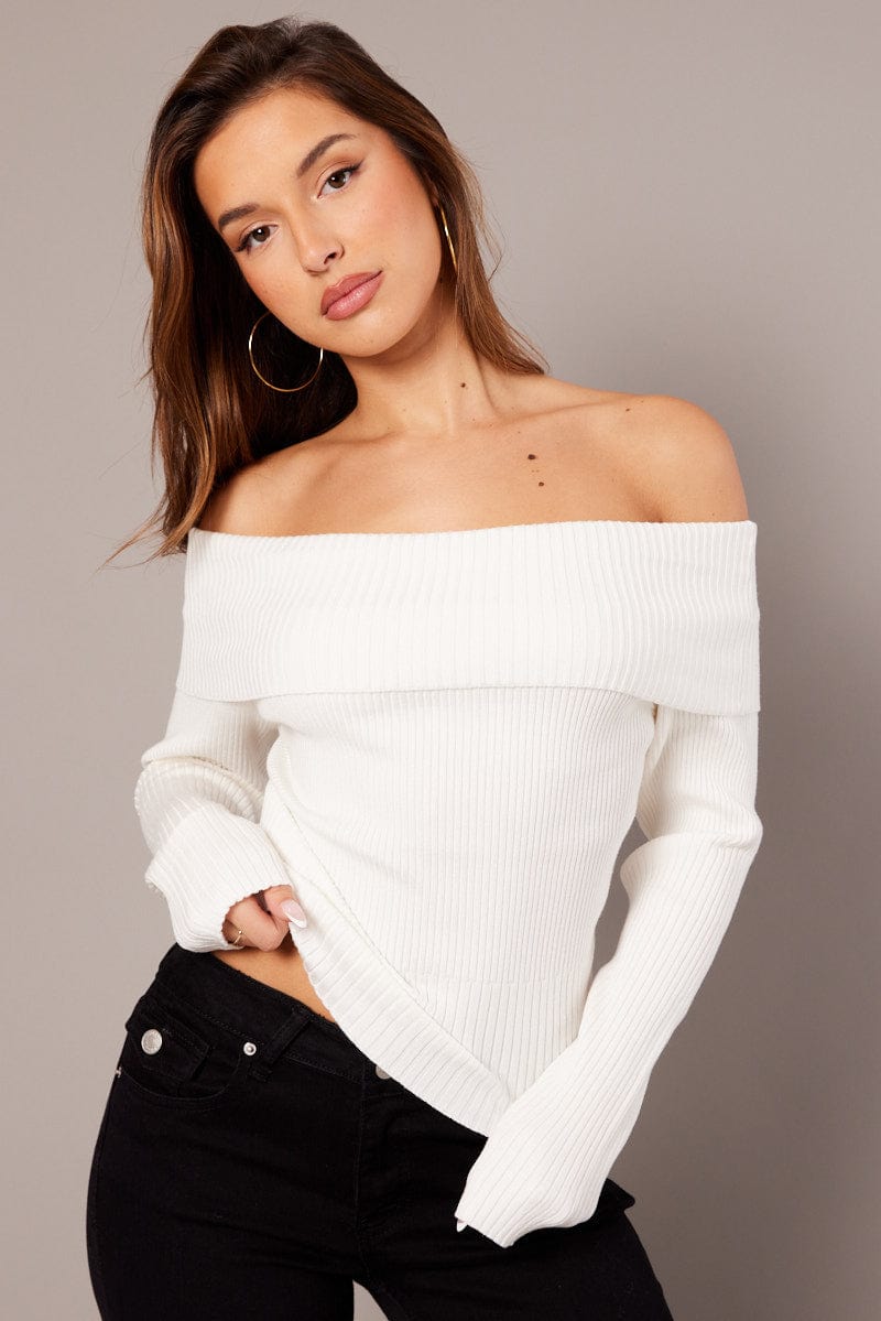 White Knit Top Long Sleeve Off Shoulder | Ally Fashion