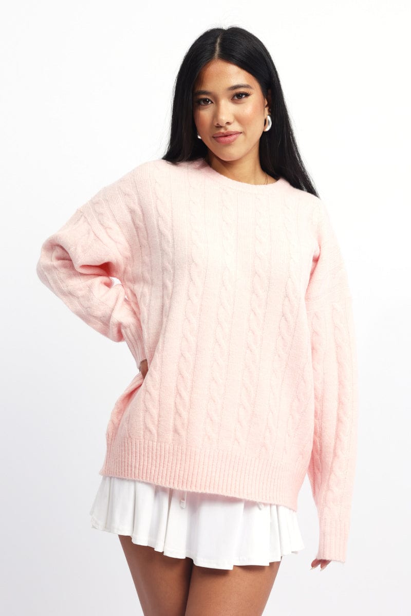 Pink Knit Jumper Long Sleeve Cable Ally Fashion