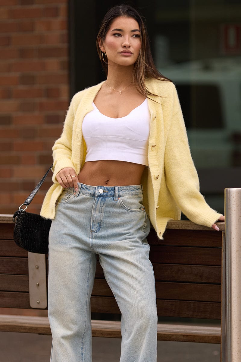 Yellow Knit Cardigan Crew Neck Ally Fashion