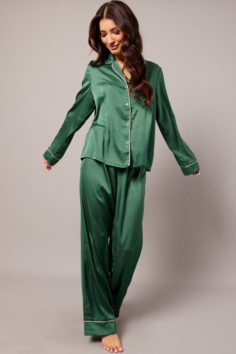 Pyjama Sets Green Silk Pjs Green Satin Pyjama Contrast Piping Long