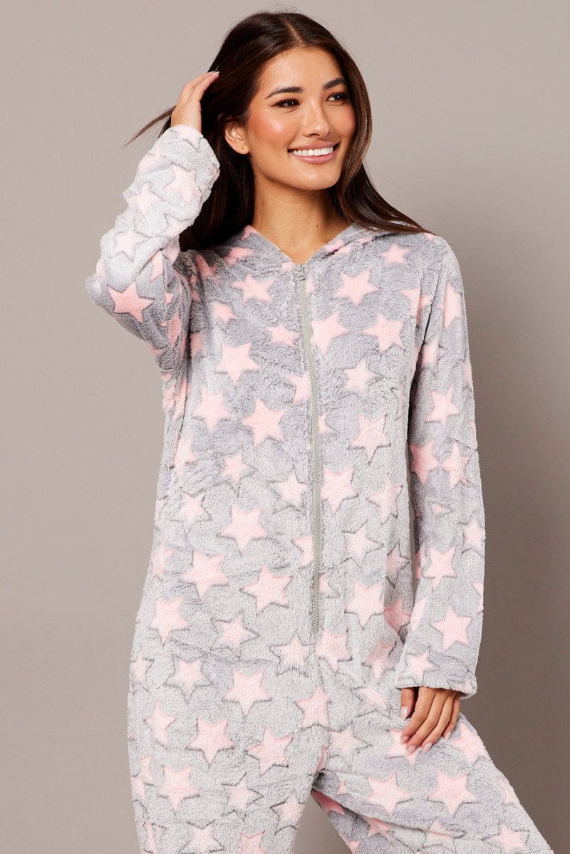 Grey Print Fluffy Pyjama Onesie Star Fleece Nightwear PJ Ally