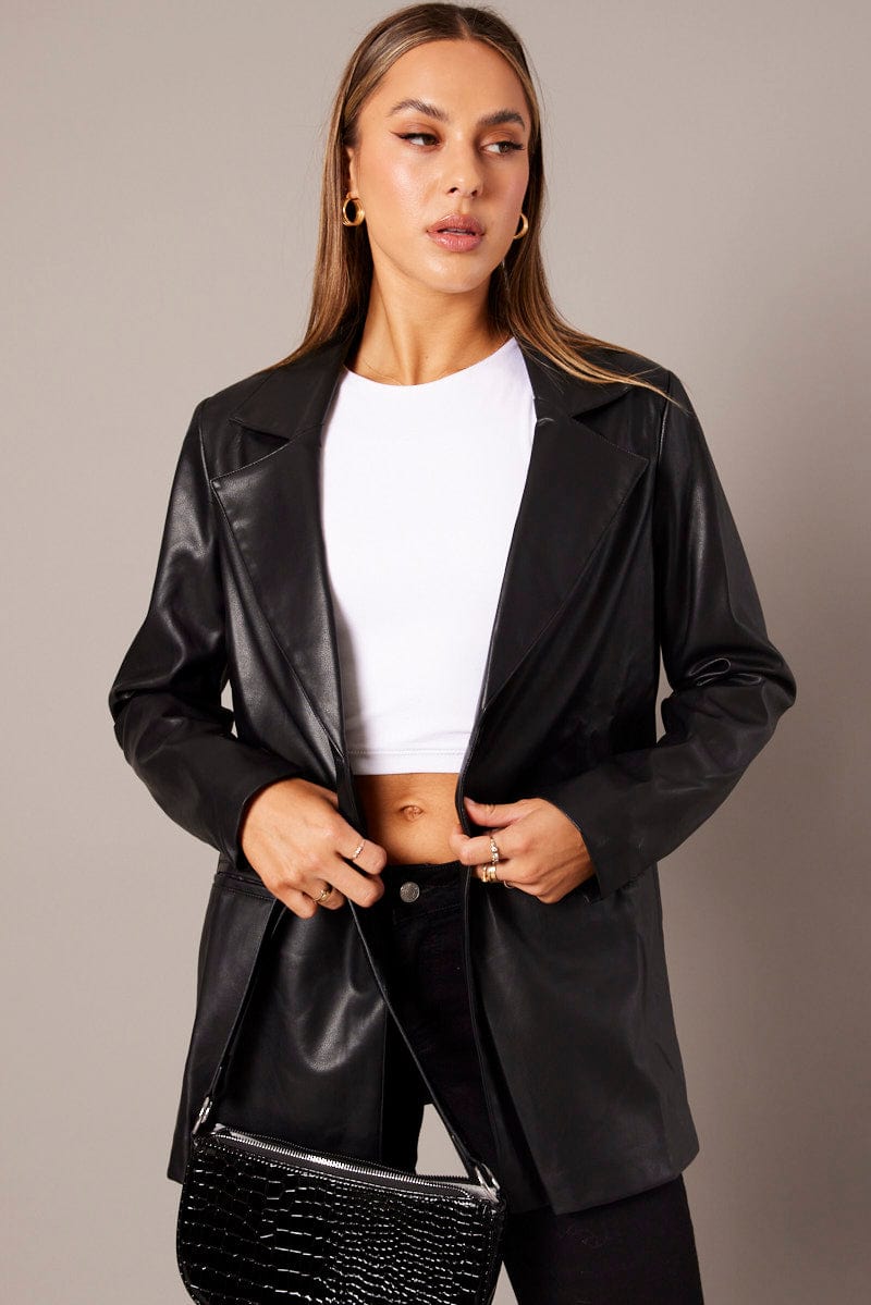 Black Jacket Faux Leather Collared Ally Fashion1