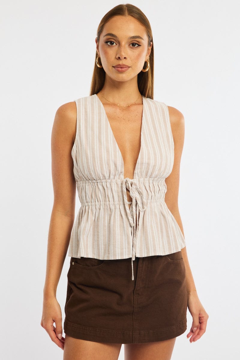 Beige Stripe Tie Up Vest Sleeveless | Ally Fashion